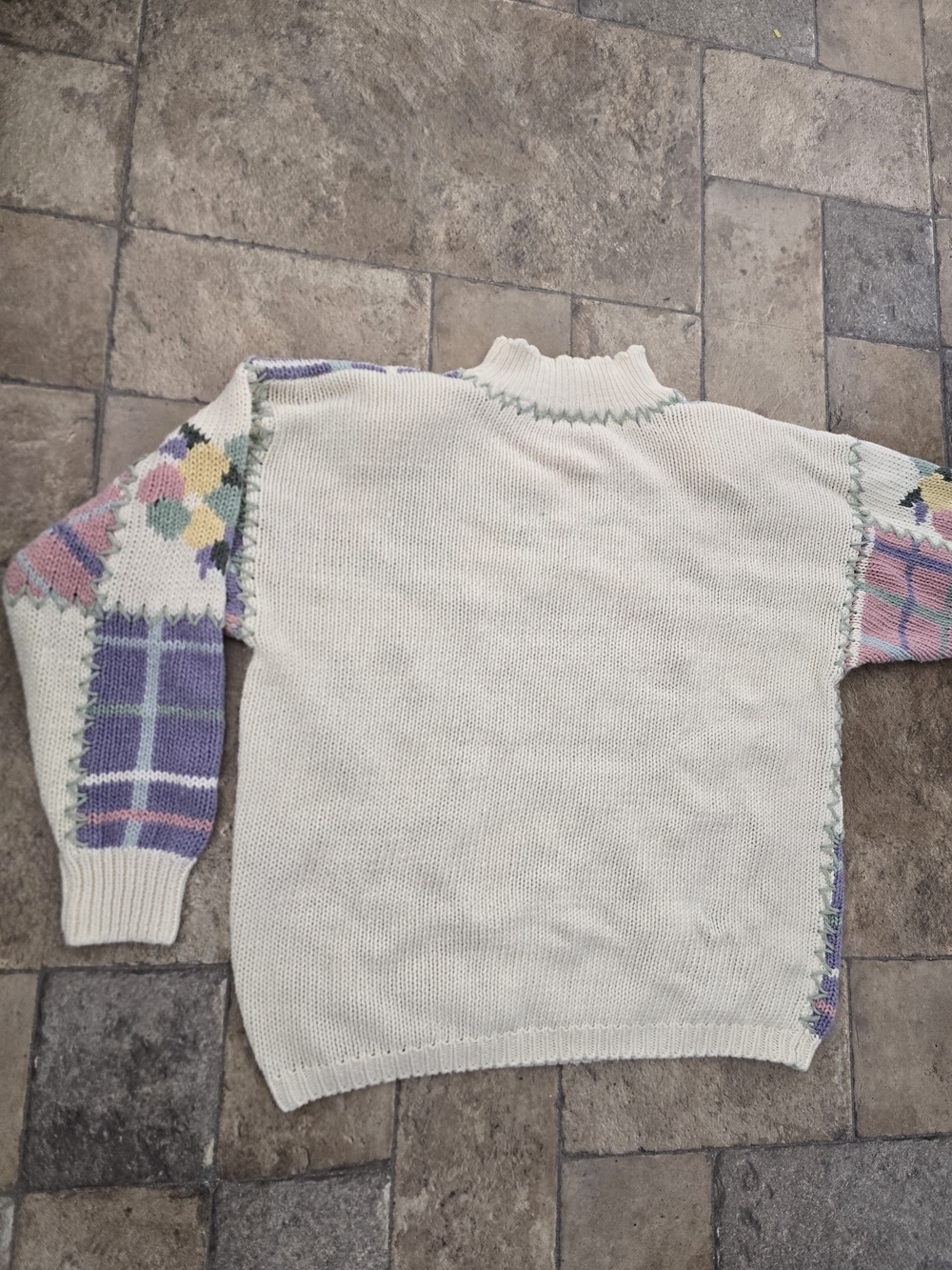 Vintage 90s Maggie Lawrence Patchwork Knit Sweater Pastel Floral Grannycore - Picture 3 of 16